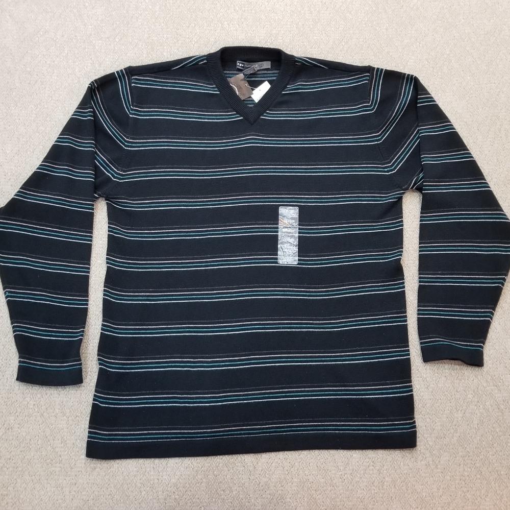 Retrofit Black Striped Knit V-neck Sweater XL NWT